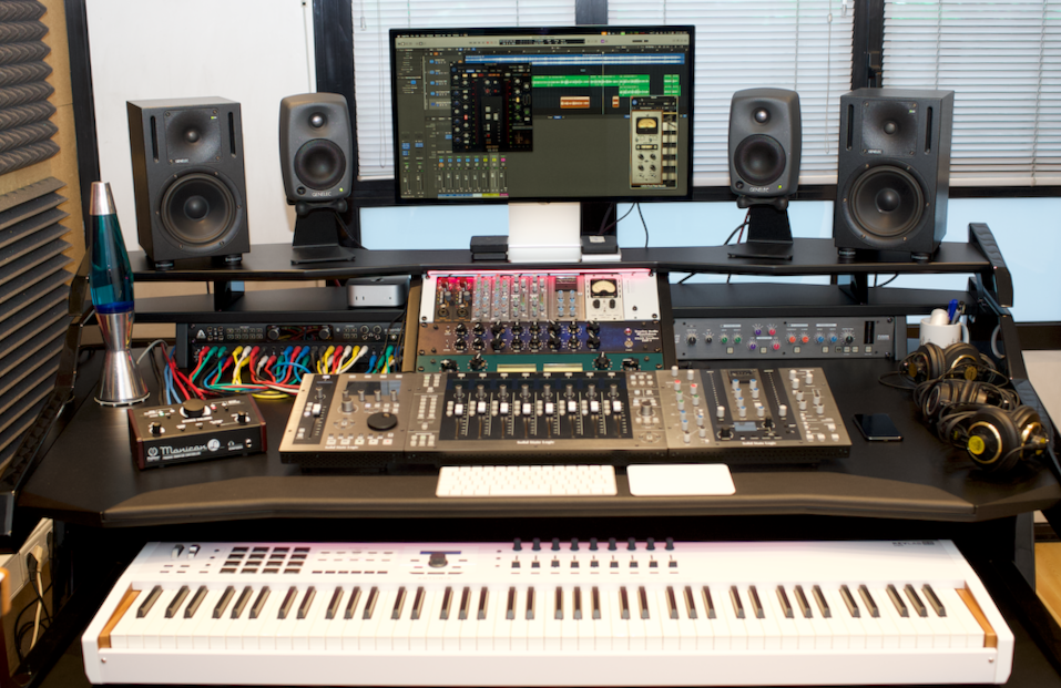 DAW console and monitors
